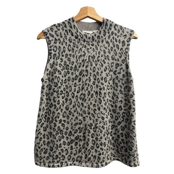 VINTAGE Kathie Lee LARGE Gray Cheetah Knit Sweatshirt Top Sleeveless Mock Neck - Picture 1 of 8